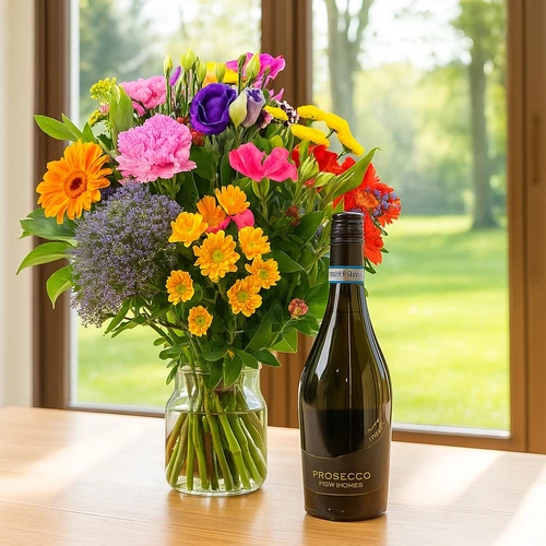 Boeket bont + fles prosecco