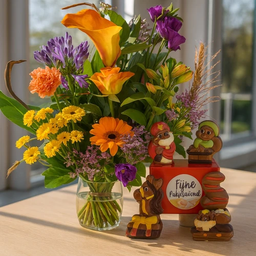 Plukboeket oranje - paars + sint chocolade