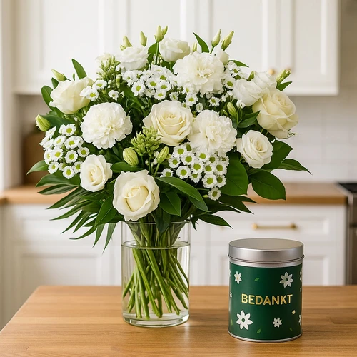 Bedankt wit boeket + snoep blikje bedankt