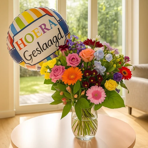 Bont boeket bloemen + geslaagd ballon