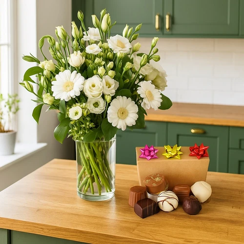 Boeket witte bloemen + 300 gram bonbons