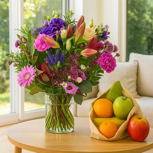 Veld geplukt boeket + zak vers fruit