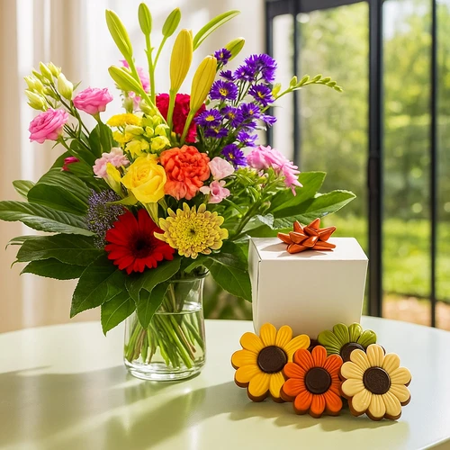 Modern boeket + bloemen chocolade