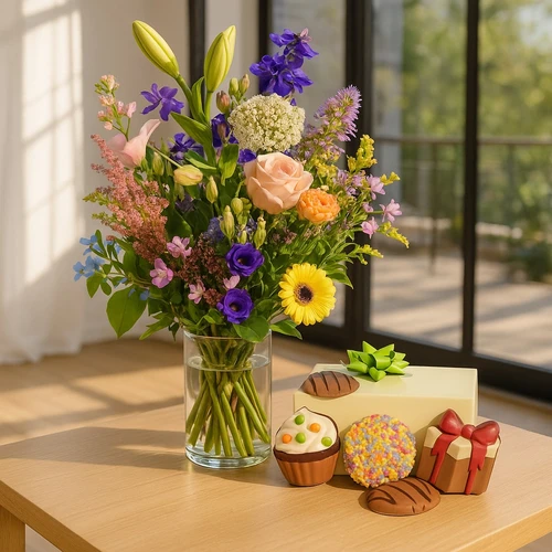 Speels bont boeket + 250 gram feestchocolade