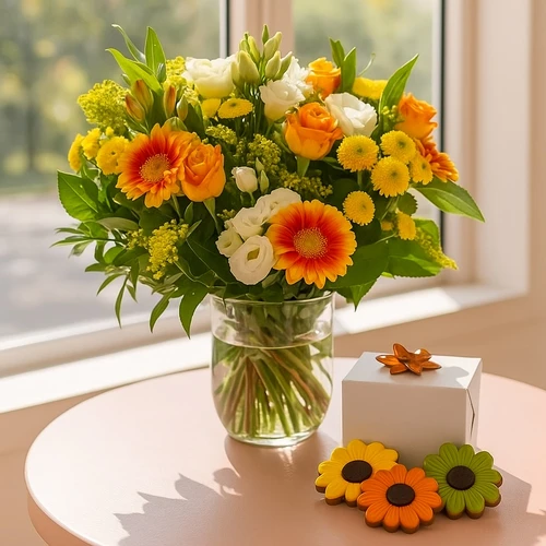 Vrolijk boeket + bloemen chocolade