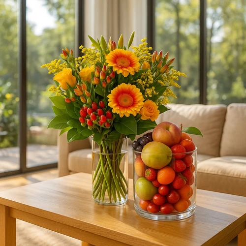 Boeket geel oranje + glazen vaas met fruit