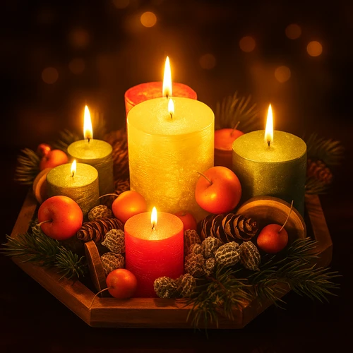 Kerstplateau met 6 dikke kaarsen