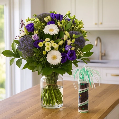 Boeket blauw wit + 200 gram drop