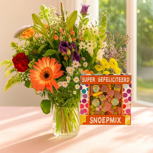 Felicitatie boeket + snoepmix