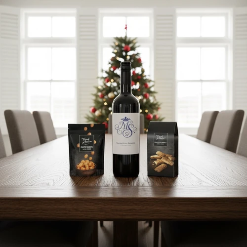 Kerstgeschenk rode-wijn-kaaskoekjes-borrelnootjes