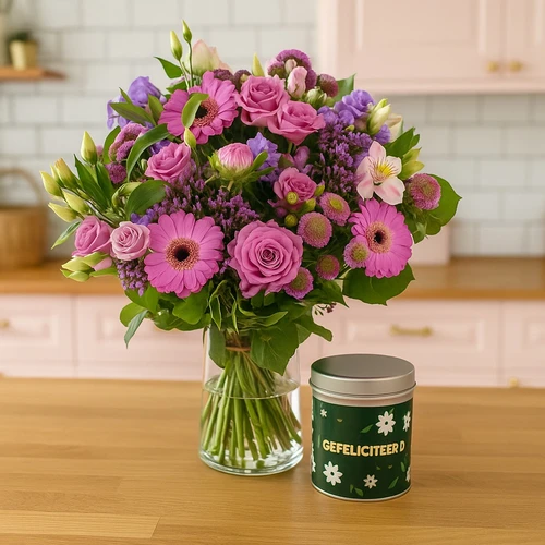 Roze paars boeket + gefeliciteerd blikje