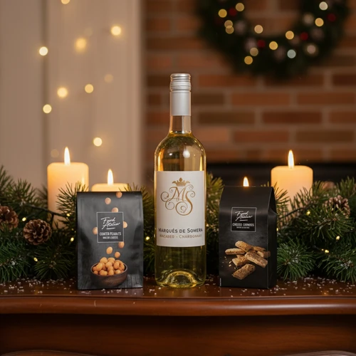 Kerstgeschenk witte-wijn-kaaskoekjes-borrelnootjes