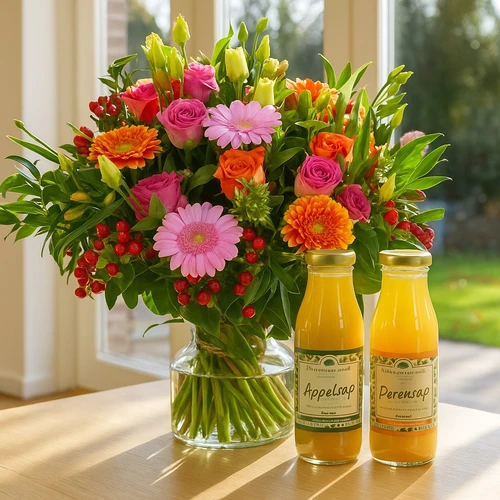 Boeket roze - oranje + Olmenhorst sappen