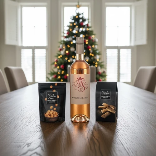 Kerstgeschenk rosé-wijn-kaaskoekjes-borrelnootjes