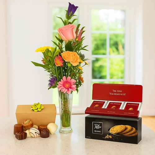 Mini plukboeketje + vaasje + bonbons + thee en koek