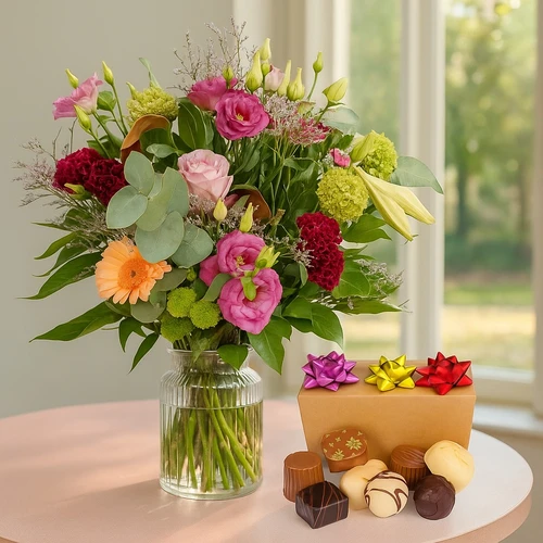 Landelijk boeket bloemen + 300 gram bonbons