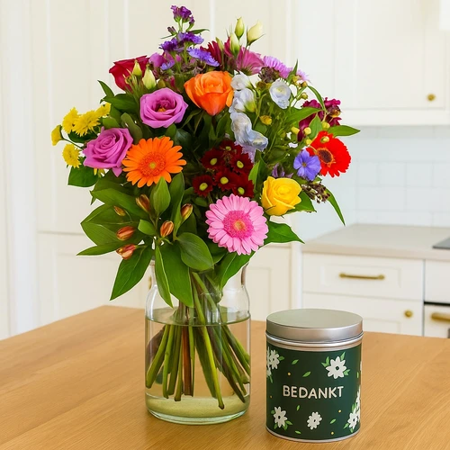 Bedankt bloemen + snoep blikje bedankt