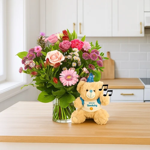 Verjaardags boeket roze + happy birthday knuffel