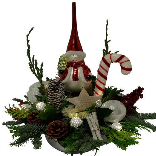 Kerststuk met piek De Sneeuwpop + led bolletjes verlichting