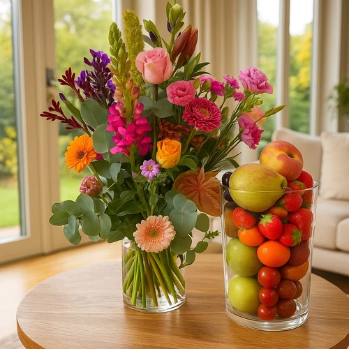 Bont plukboeket + glazen vaas met fruit