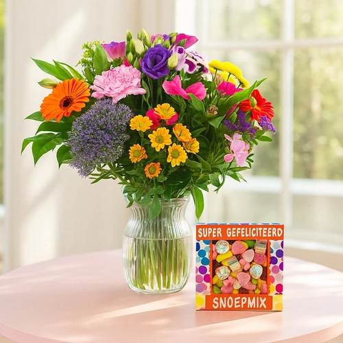 Gefeliciteerd boeket + snoepmix