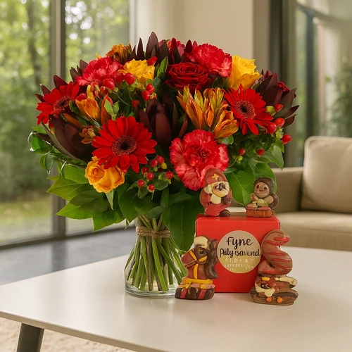 Boeket warm rood -oranje + sinterklaas chocolade
