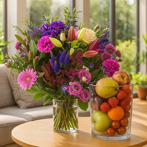 Boeket Veld geplukt + glazen vaas met fruit