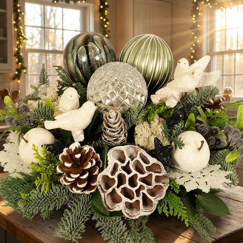 Tjilp tjilp kerststuk wit - groen - goud