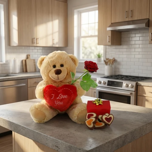 Bruine knuffel met hart en hartjes chocolade