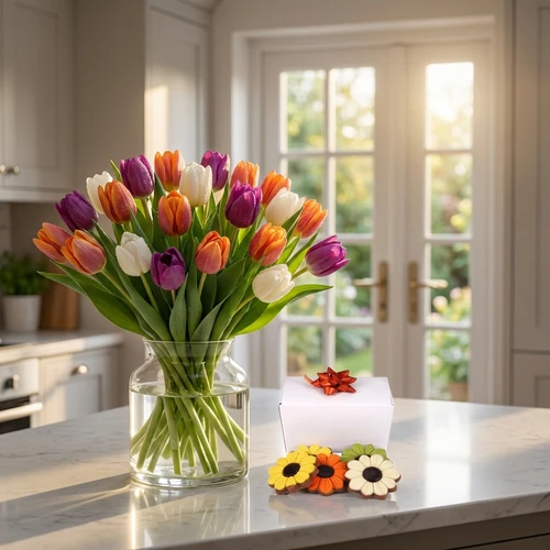 Mixed tulpen boeket en bloemetjes chocolade