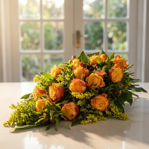 Rouwboeket oranje rozen en bloemen