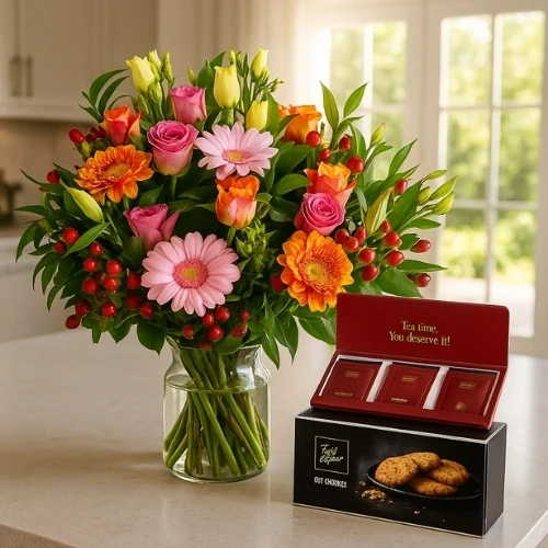 Roze oranje boeket met koek en thee en gratis glazen vaas