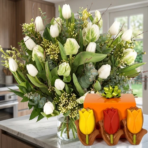 Boeket witte tulpen tulpen chocolade + tulpen chocolade