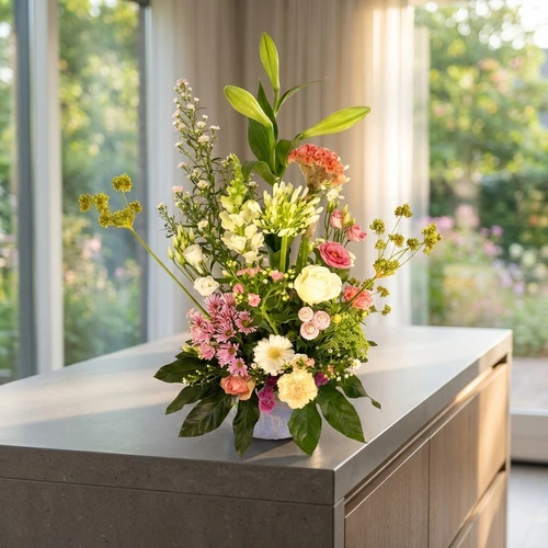 Pluk bloemstuk roze wit H 60cm x B 30cm