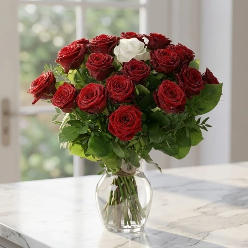 Rode rozen + één witte roos Bepaal zelf het aantal...