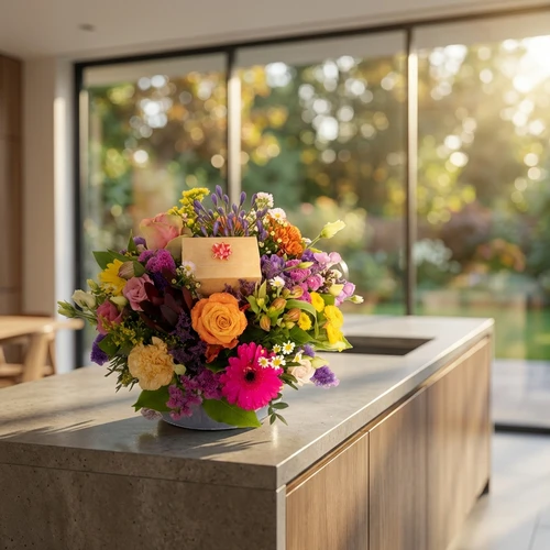 Bloemstuk bont + bonbons vanaf 25 cm