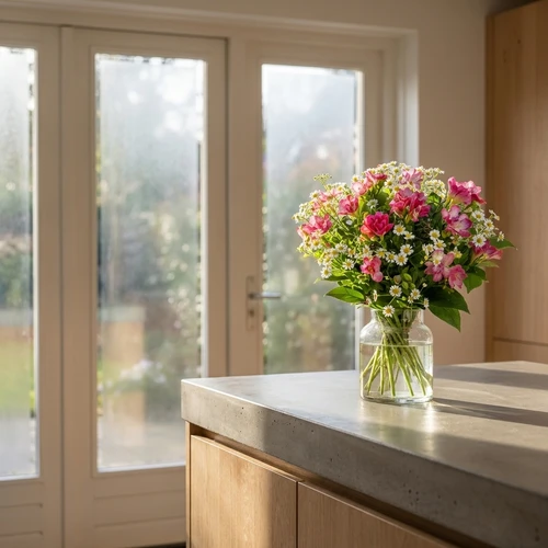 Freesia boeket met o.a Kamille