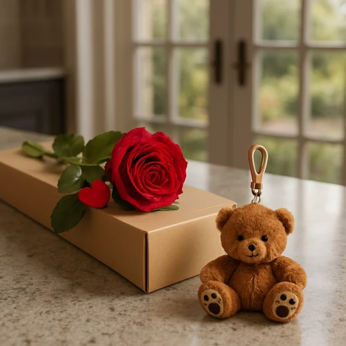 Luxe geschenkdoos met rode roos + sleutelhanger knuffelbeertje