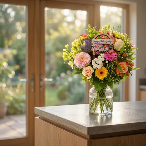 Pastel bont boeket + moederdag bijsteker