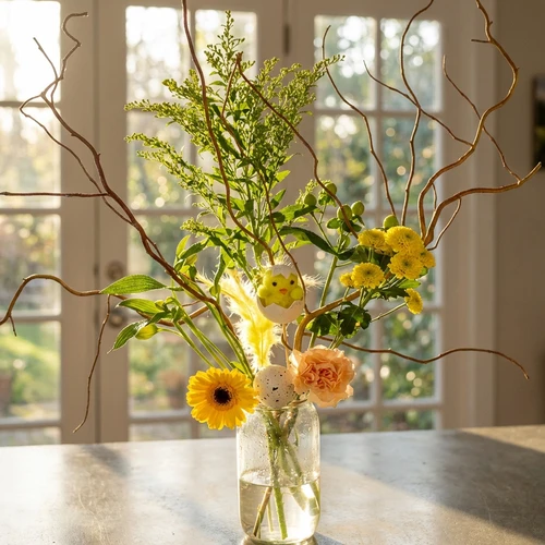 Pasen plukboeket met glazen vaas